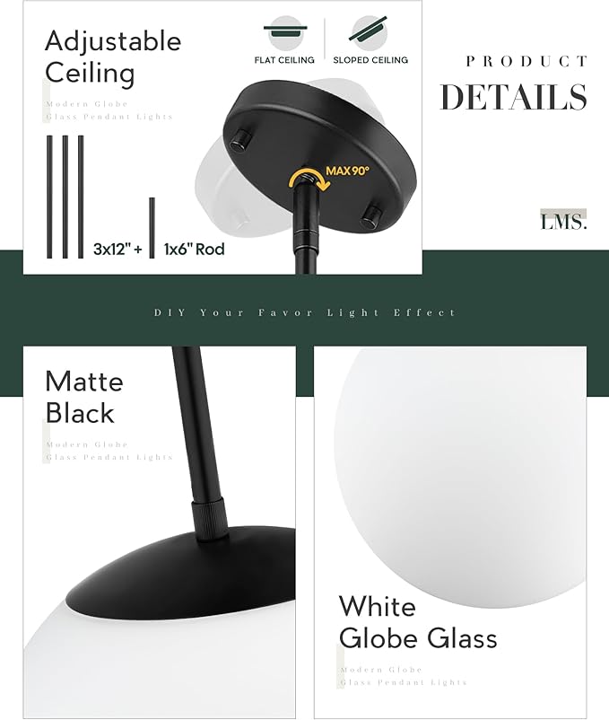 LMS 10 Inch Globe Pendant Lights, Matte Black Mid Century Kitchen Island Light - Image 2
