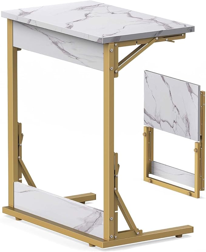 Tatub 24" Folding TV Tray Table, Marble C Shaped End Table by Tatub