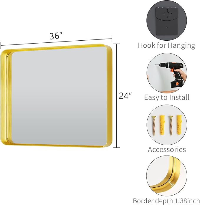Koonmi Gold Wall Mirror for Bathroom, 24x36 Inch Matte Deep Framed Rounded - Image 5