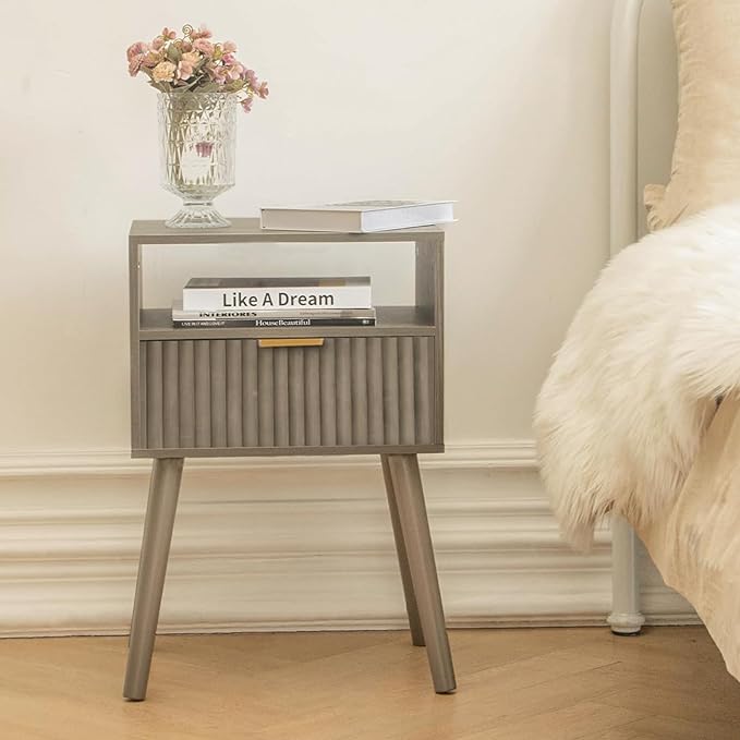 Grey Nightstand, Modern Night Stand Wood, Fluted Bedside Table by Fultyle