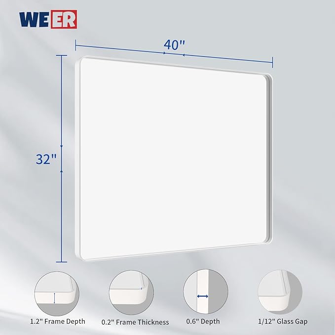 WEER White Bathroom Mirror 40X32 Inch, Rounded Rectangle White Metal Frame - Image 6