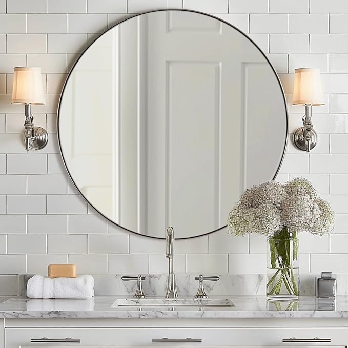 ANDY STAR Round Bathroom Mirror, 24’’ Brushed Silver Round Bathroom Mirrors in by ANDYSTAR