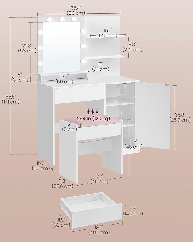 VASAGLE Vanity Desk with Mirror and Lights, 35.4-Inch Wide Makeup Vanity with - Image 6