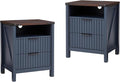 Navy Blue Nightstand with Charging Station Set of 2-20 Inch Wide Farmhouse by BuildHom