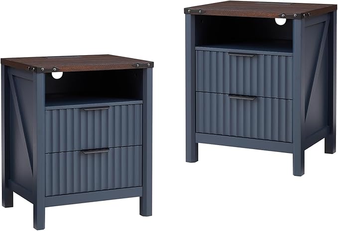 Navy Blue Nightstand with Charging Station Set of 2-20 Inch Wide Farmhouse by BuildHom