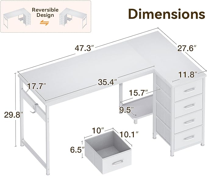 Casaottima L Shaped Desk with 4 Drawers, Reversible Kids Study Table with CPU - Image 3