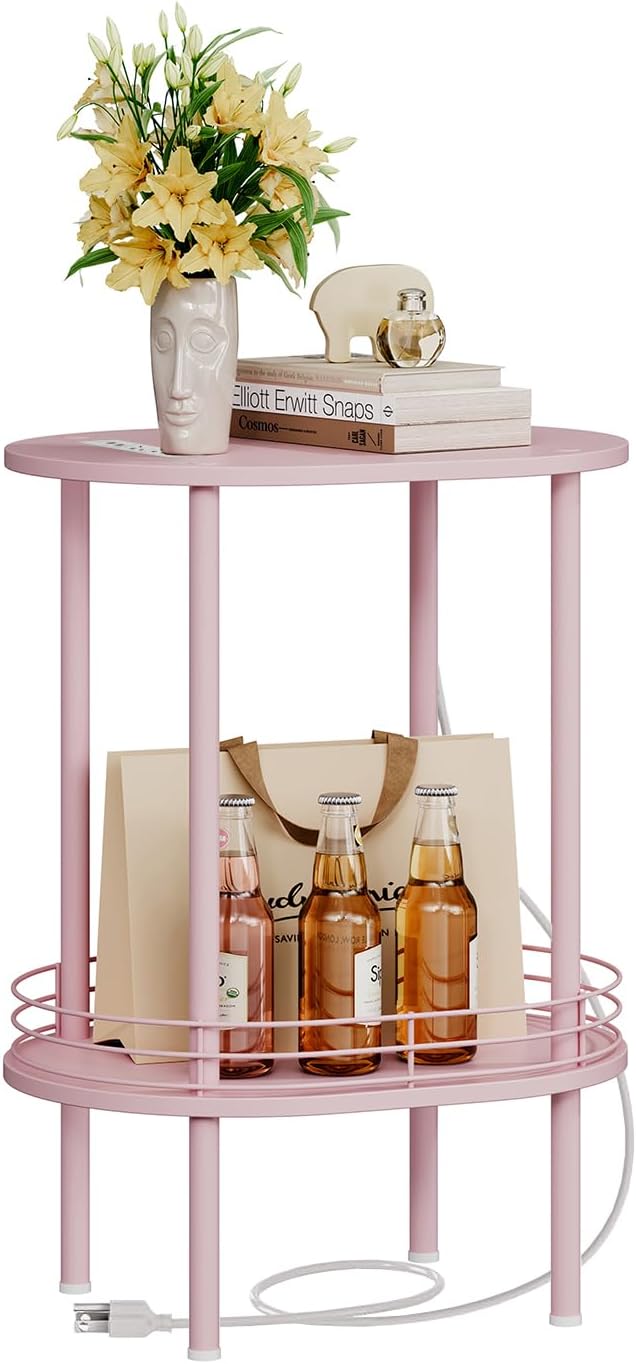Small Round Side Table with Charging Station, Bedside Table with 2 USB Ports - Image 7