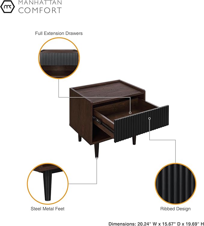 Manhattan Comfort Duane Modern Ribbed Nightstand, Bedside Table - Image 6