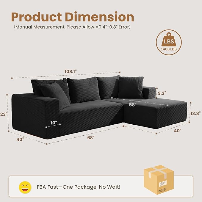 Modular Sectional Sofa, Corduroy Cloud Couch - Image 2