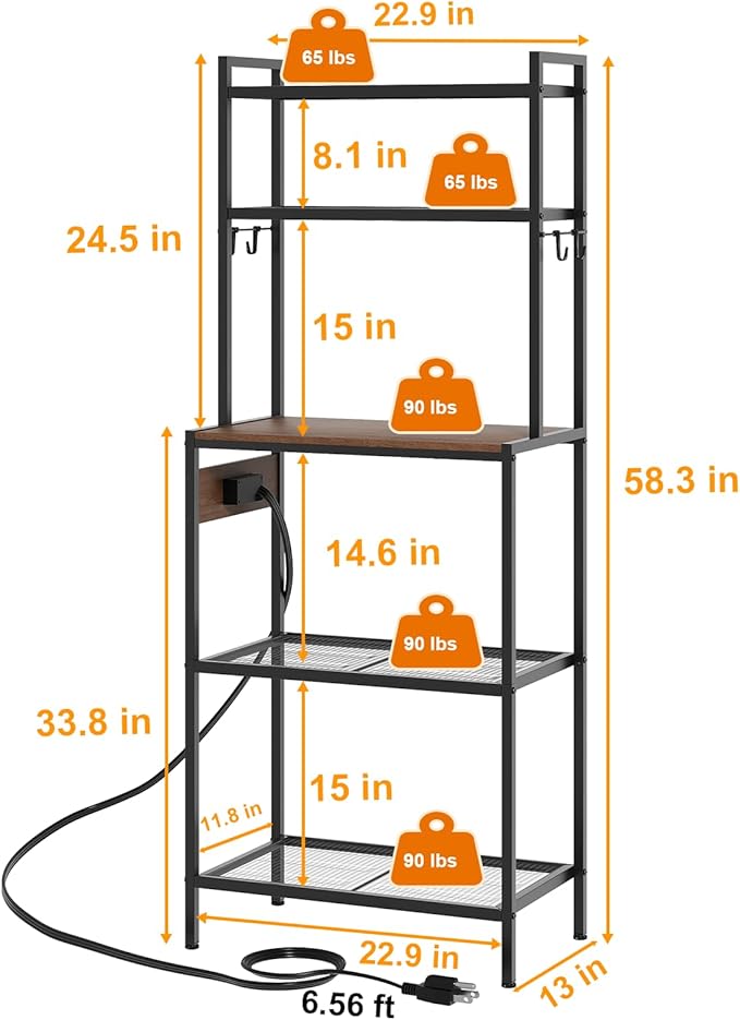 S1 Kitchen Bakers Rack with Power Outlet, Microwave Stand with Storage 5-Tiers - Image 3