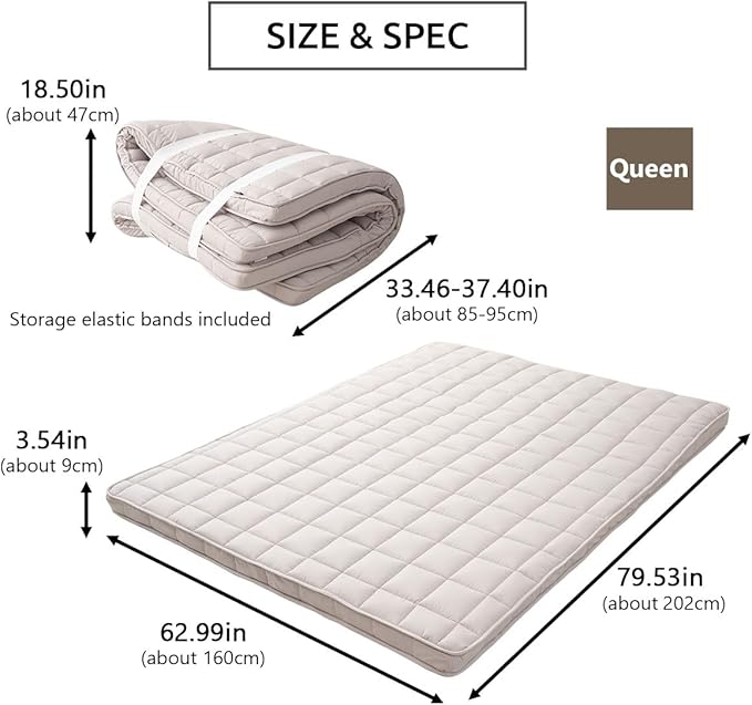 EMOOR Japanese Padded Futon Mattress Machi Queen Gray, Gusset Foldable Storable - Image 2