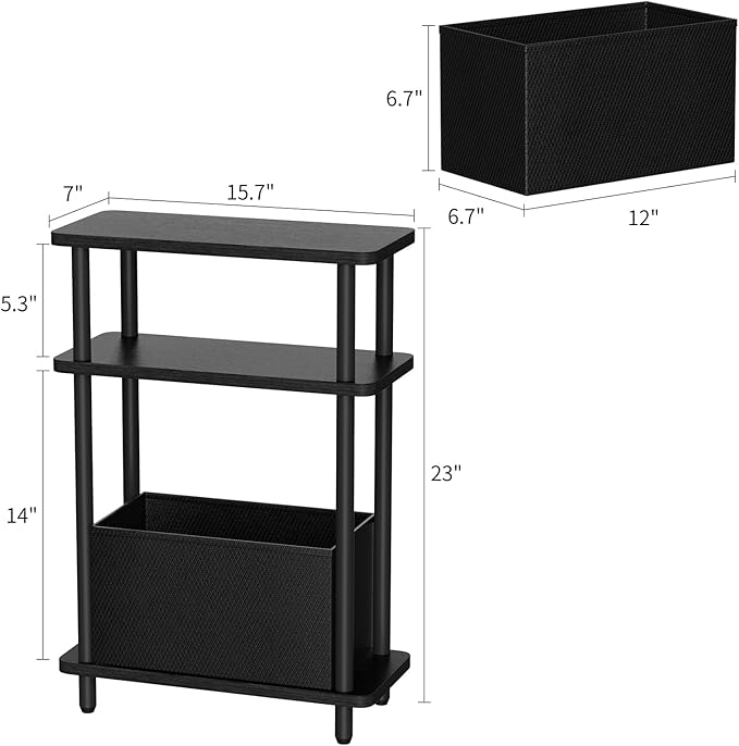 Narrow Side Table with Fabric Basket, 3 Tier Skinny End Table with Wood Legs - Image 3