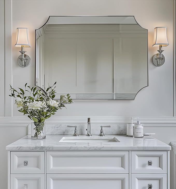 ANDY STAR Brushed Nickel Mirror 30x40 Inch, Scalloped Bathroom Mirror, Large by ANDYSTAR