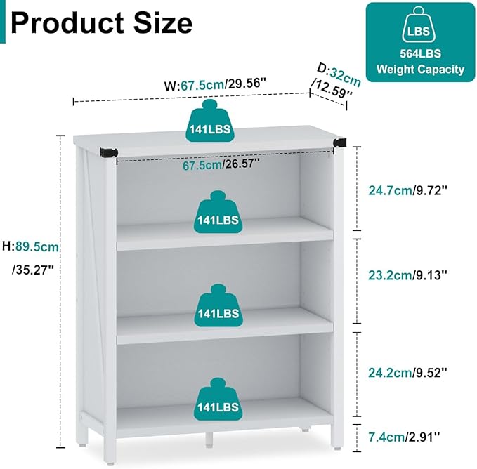 BON AUGURE White Bookcase, 3 Shelf Bookshelf, Farmhouse Wooden Book - Image 3