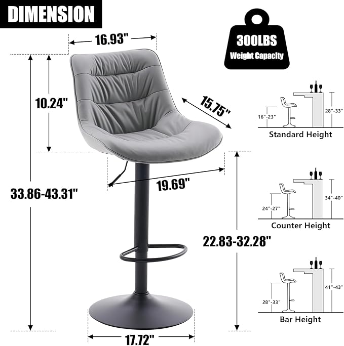 Kidol & Shellder Bar Stools Set of 2 Adjustable Swivel Gray, PU Leather - Image 2