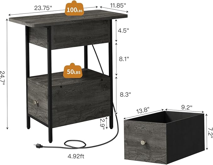 SOOWERY End Table with Charging Station, Narrow Side Table with Flip Top - Image 3