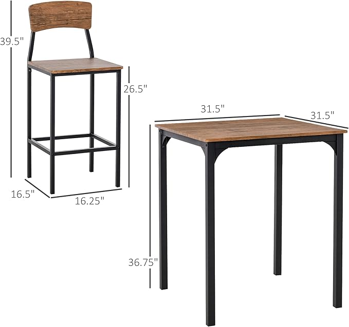 HOMCOM 3 Piece Industrial Counter Height Dining Table Set, Bar Table & Chairs - Image 7