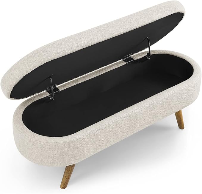 Oval Storage Bench 43.5" Linen Fabric Upholstered Entryway Bench - Image 6
