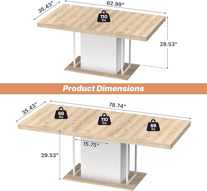 63"-78.7" Expandable Dining Table, 6-10 Farmhouse Kitchen Table, Extendable - Image 2