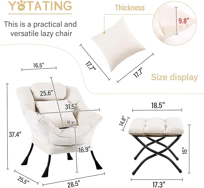 Lazy Chair with Ottoman, Comfy Reading Lounge Chair with Footstool & Throw - Image 3