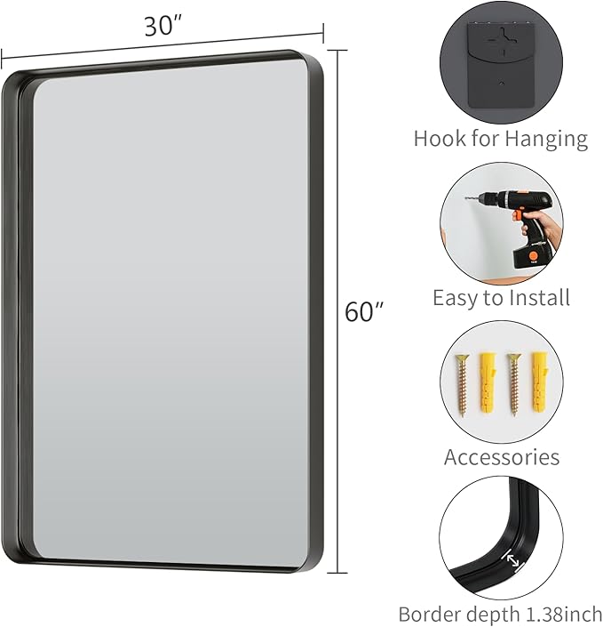 Koonmi Black Bathroom Mirror for Wall, 30x60 Inch Matte Metal Deep Framed - Image 5