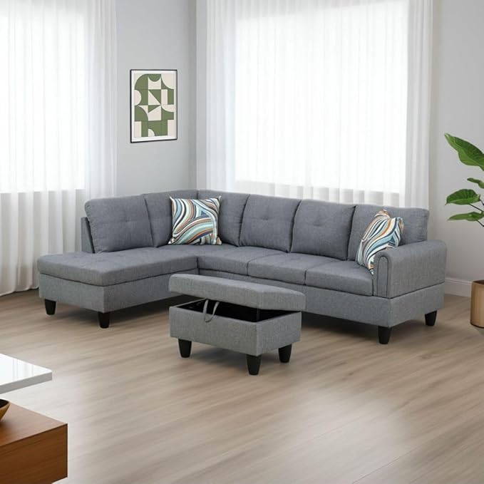 Grey-1 L-Shaped 3-Piece Linen Sofa - Image 8