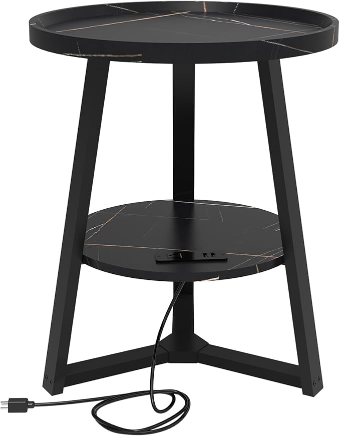 Round End Table with Charging Station, 19.7" Dia x 23.63" H, Side Table with by KJGKKHOME