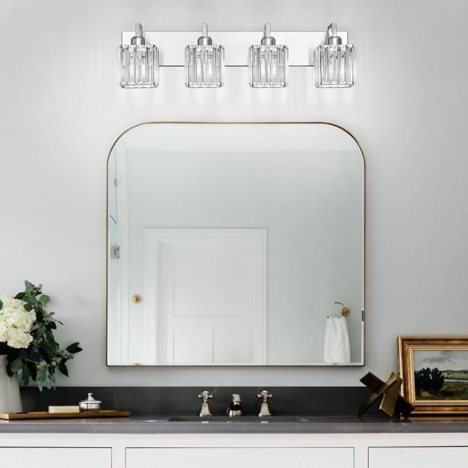 Modern Bathroom Vanity Light 4-Lights Brushed Nickel Vanity Light Crystal Wall - Image 3