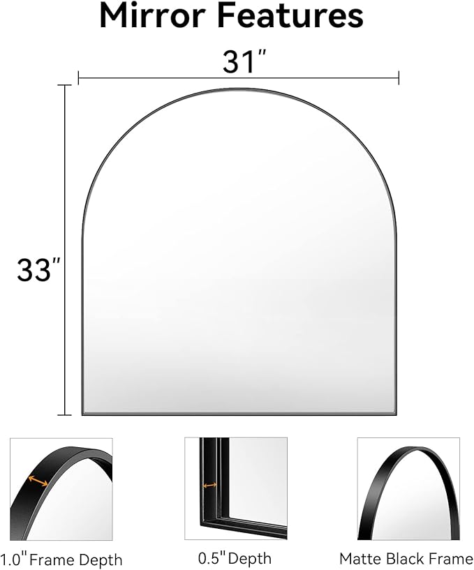Brightify Arched Mirror, 31 x 33 Inch Black Arch Mirror, Metal Frame Black - Image 7