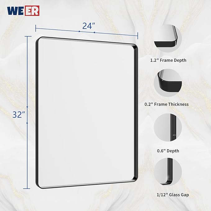 WEER Black Bathroom Mirror 24X32 Inch, Rectangular Black Metal Frame Mirror - Image 6