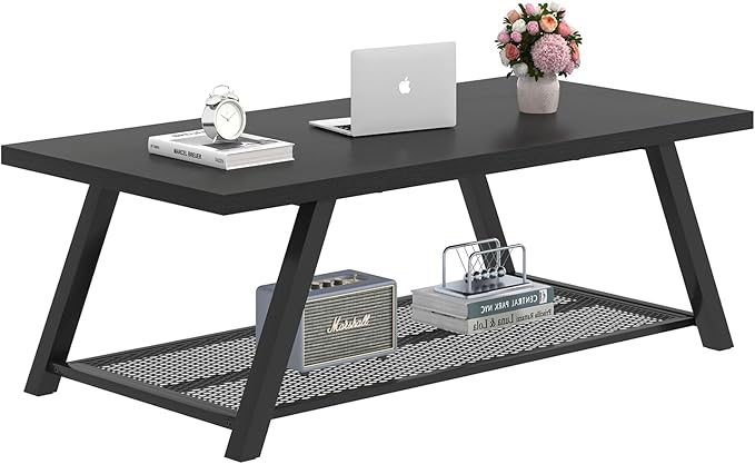 FOLUBAN Black Coffee Table, Modern Rustic Wood and Metal Living Room Table - Image 8