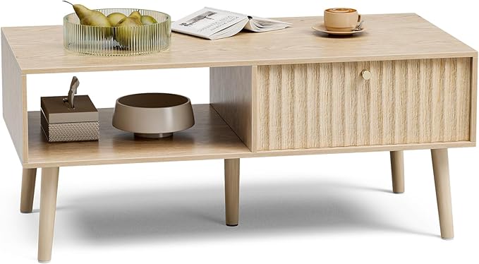 Coffee Table with Storage, Boho Dining Table with Fluted Drawer and Solid Wood - Image 6