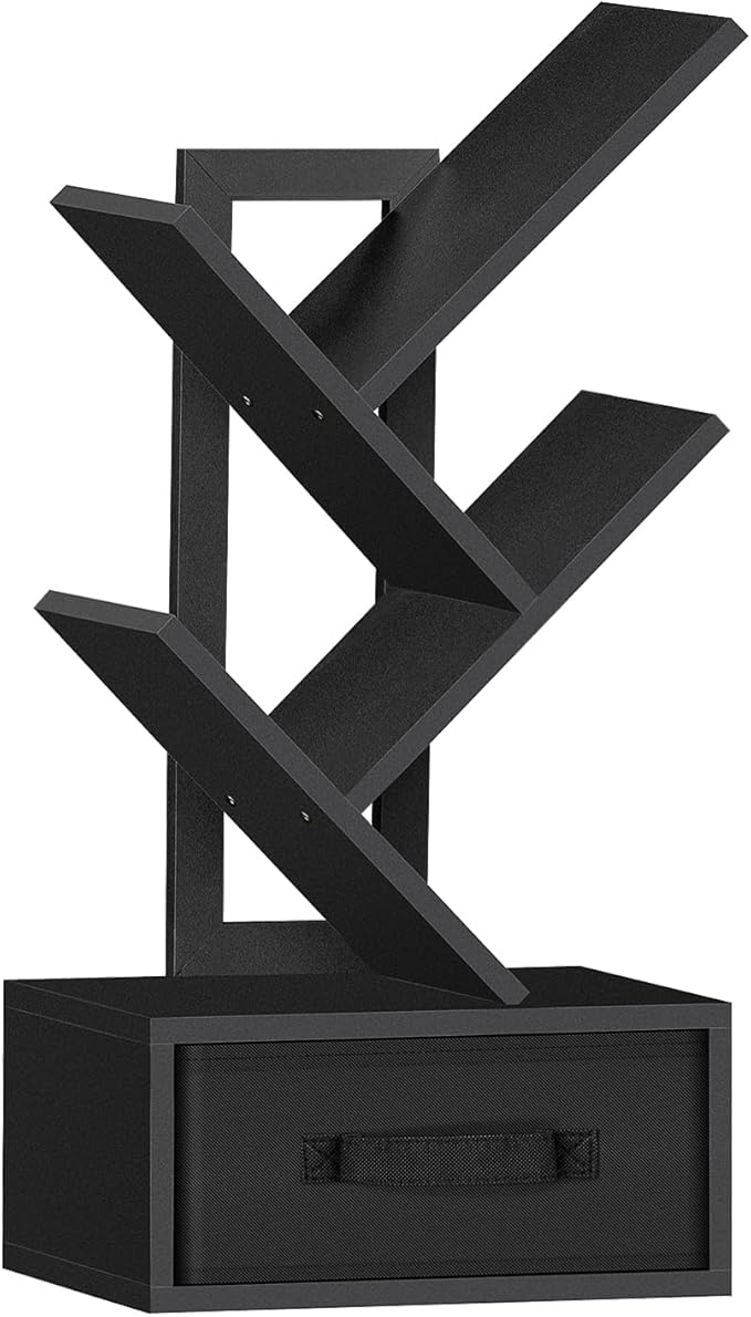 Small Book Shelf with Drawer, 4 Tier Black Tree Bookshelf, Wooden Desktop by SHEEPAM