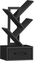 Small Book Shelf with Drawer, 4 Tier Black Tree Bookshelf, Wooden Desktop by SHEEPAM