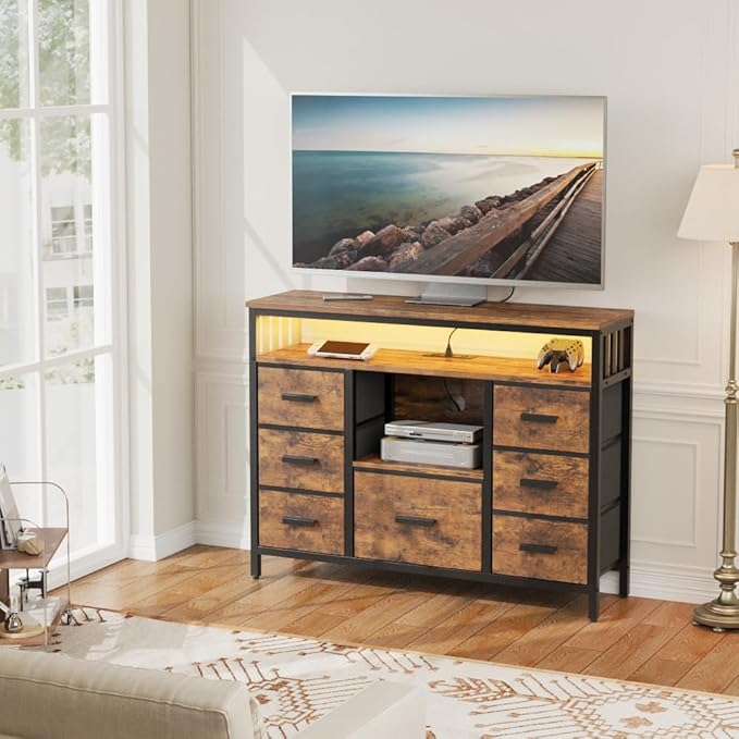 7 Drawer Dresser TV Stand with Power Outlets and LED Lights, Entertainment - Image 5
