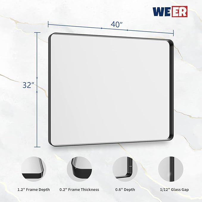 WEER Black Framed Mirror for Bathroom, 40x32 Inch Matte Black Bathroom Vanity - Image 6