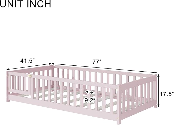 Twin Floor Bed Frame with Slats and Safety Guardrail, Wood Twin Size Montessori - Image 3