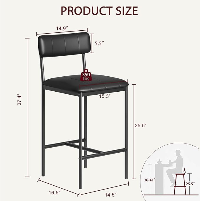 GarveeHome Bar Stools Set of 2, Upholstered Counter Height Bar Stools - Image 2