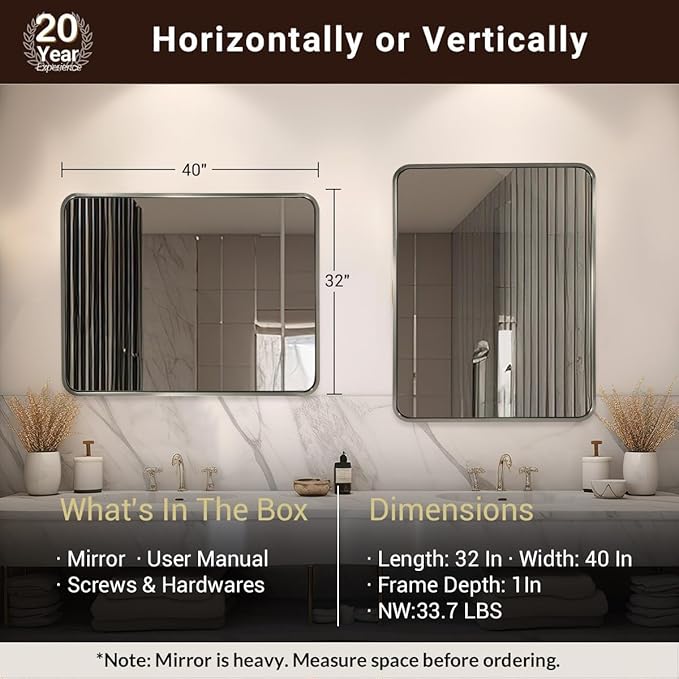 ANDY STAR 40x32 Inch Brushed Nickel Bathroom Mirror, Rounded Rectangle Bathroom - Image 2
