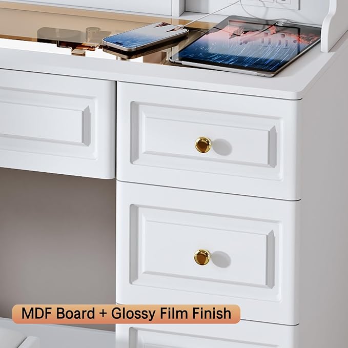 42" Makeup Vanity Desk with Mirror and Lights, & Power Outl, Glass Top Big - Image 7