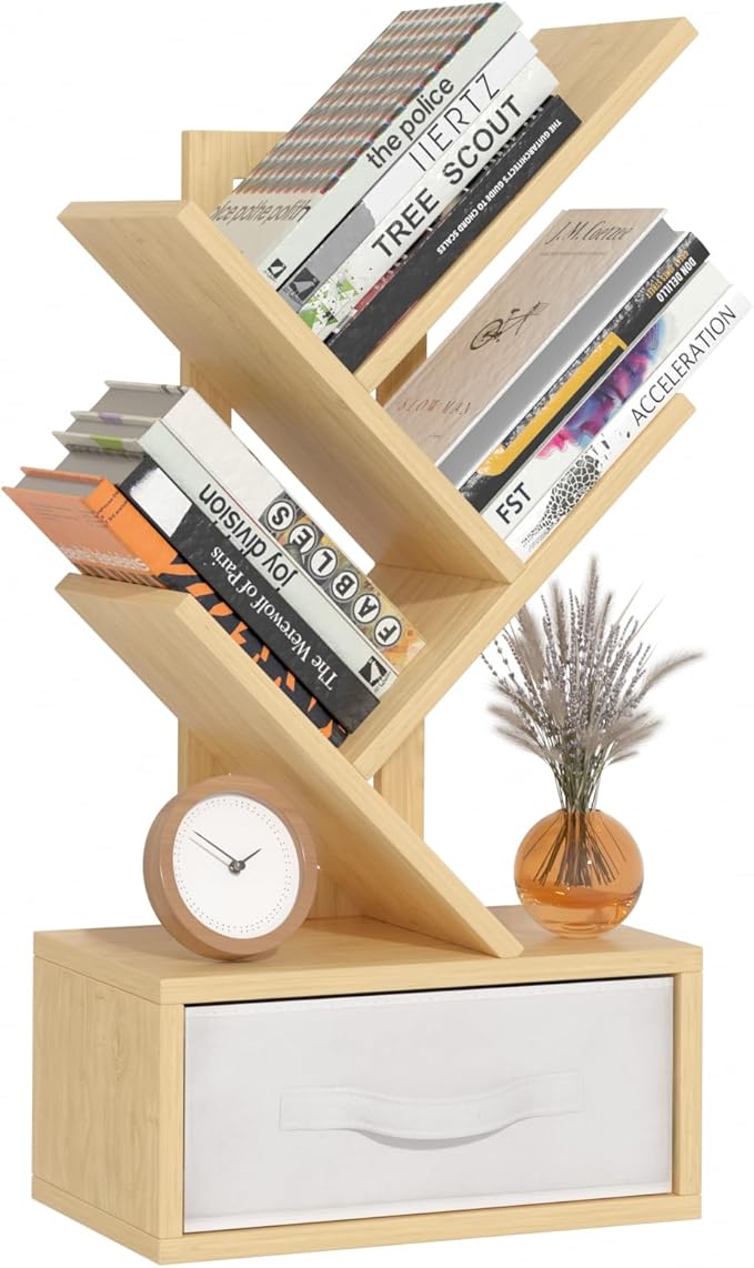 Small Book Shelf with Drawer, 4 Tier Black Tree Bookshelf, Wooden Desktop by SHEEPAM