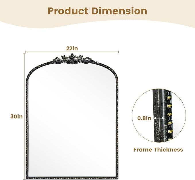 WallBeyond Gold Vintage Mirror for Vanity 22x30 Inch, Arched Vintage Wall - Image 7