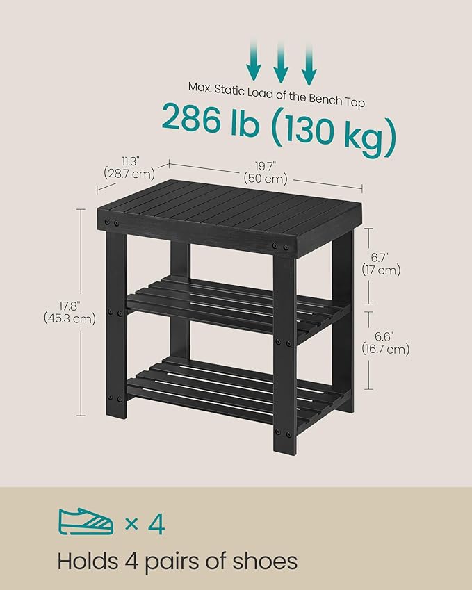 SONGMICS Shoe Rack Bench, 3-Tier Bamboo Shoe Storage Organizer, Entryway Bench - Image 2