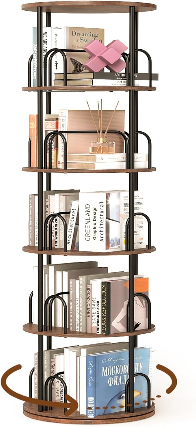 5-Tier Rotating Bookshelf, 360° Round Spinning Book Shelf Tower, Tall Skinny - Image 8