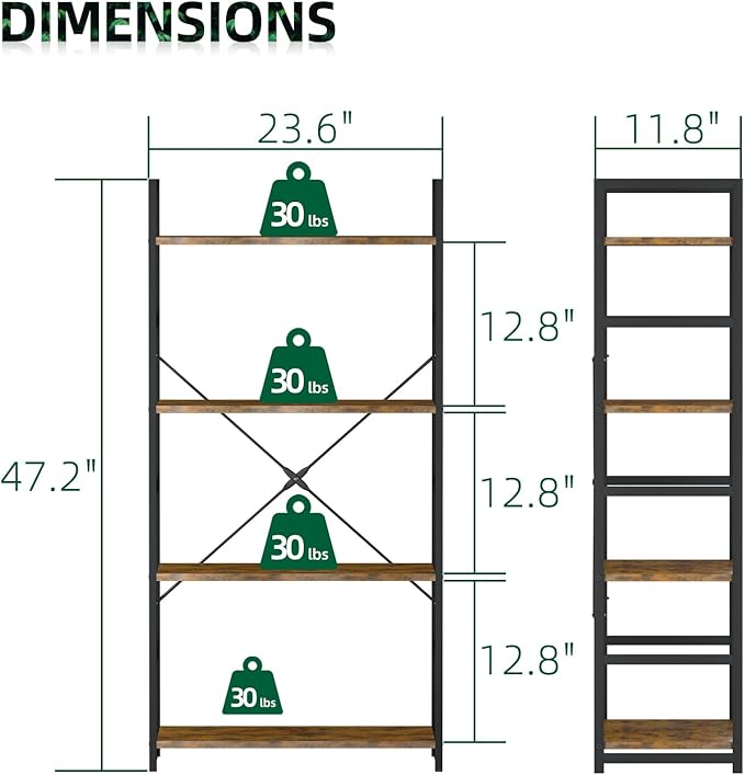 OTK 4 Tier Bookshelf, Tall Bookcase, Office Shelf Storage Organizer, Modern - Image 3