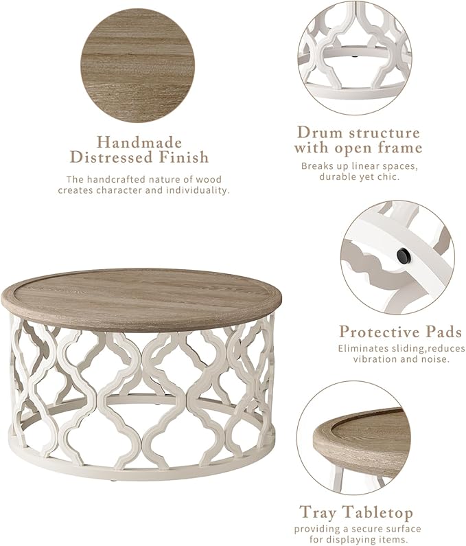 karlott Farmhouse Coffee Table, French Country Round Coffee Table - Image 4