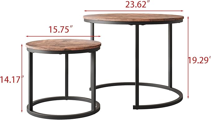 Round Coffee Table Set of 2 for Living Room, Nesting Tables Metal Frame/Wood - Image 2