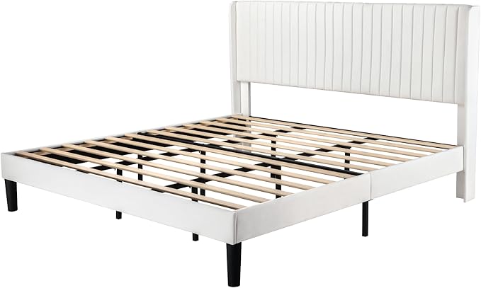 Allewie King Size Velvet Bed Frame/Vertical Channel Tufted Wingback - Image 8