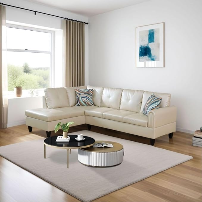 Pearl White L-Shaped 3-Piece Faux Leather Sofa - Image 7