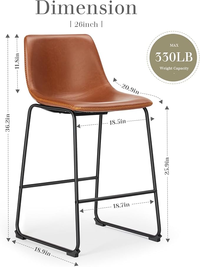DUMOS 26 Inch Counter Height Bar Stools Set of 2, Modern Faux Leather High - Image 3